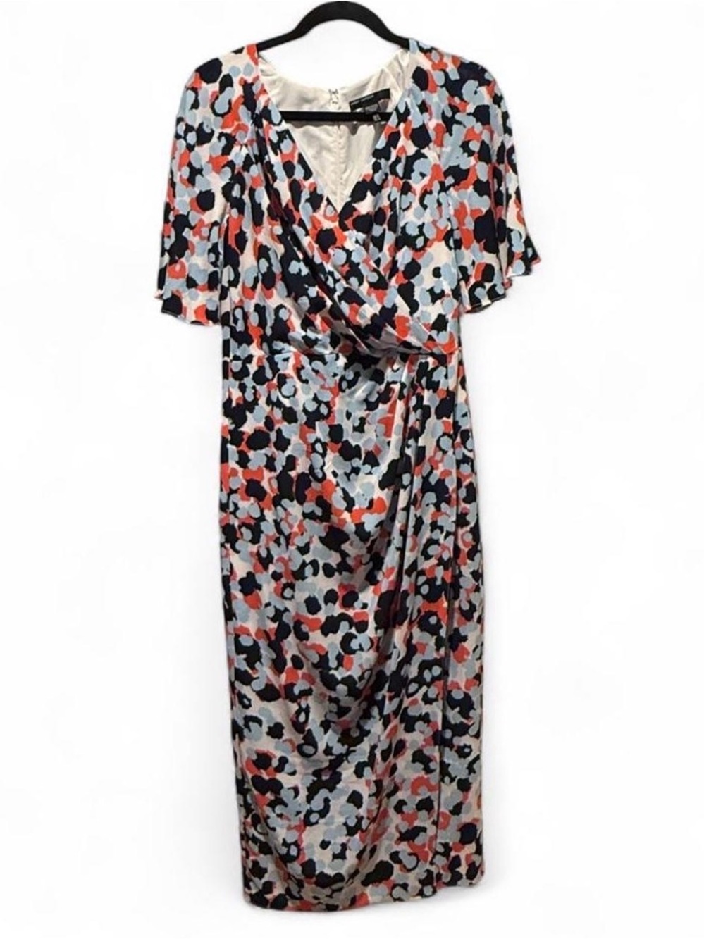 Maggy London Multicolor Abstract Midi Dress in Navy, Coral & Light Blue